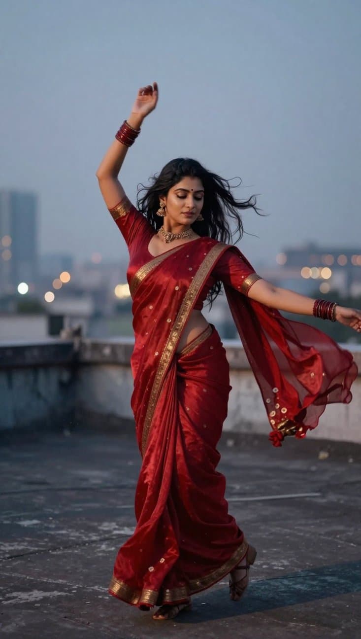AI saree photo: woman in a red saree dancing on a Mumbai rooftop at dusk